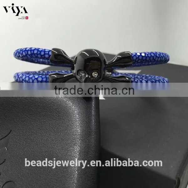 2016 New Coming Stingray/ Python Leather Genuine Leather Bracelet With Skull Clasp Made In China photo-3