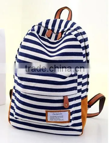 Fashion Simple Strip for Canvas Backpack Navy Blue Shoulder Bag photo-6