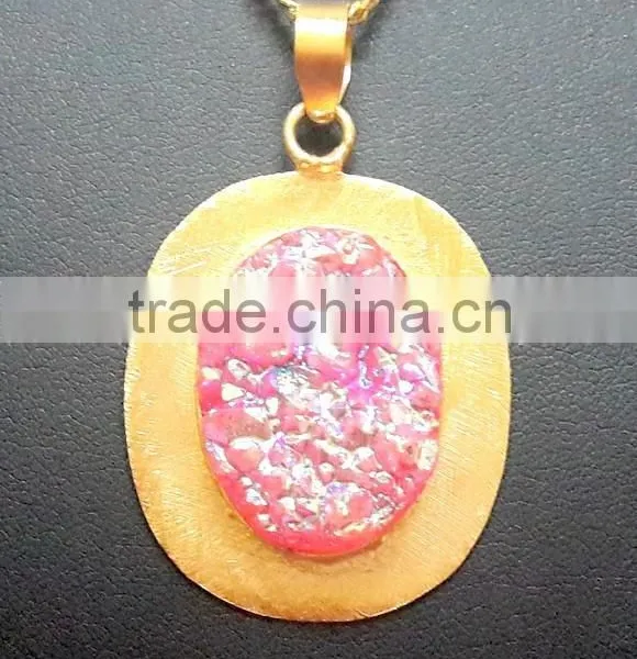Coated Druzy Pink Gemstone Brass Pendant, Gold Plated Brass Semi Gemstone Pendant, Rough Gemstone Pendant