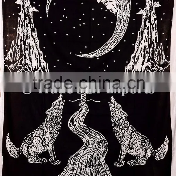 Indian Printed Wholesale Tapestry, Wolf Wall Hanging, Moon Hippie Beach Blanket, Boho Picnic Throw photo-3