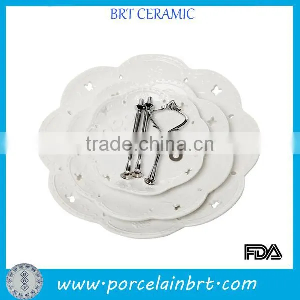 High White Embossed Flowers 2 or 3 Levels Dessert Plate photo-3
