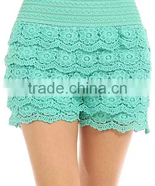 Sexy Tiered Crochet Lace Stretch Waist Shorts Women TIERED FLORAL CROCHET SHORTS photo-3