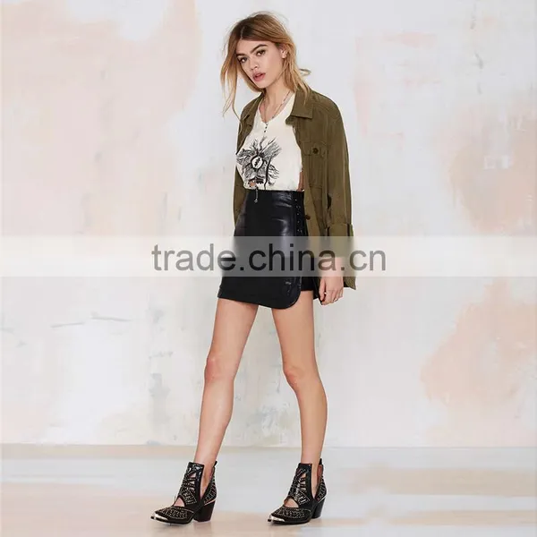 MGOO Top Sale Fashion Women Faux Leather Skirt Black Plain Mini Skirts With Buttons A Line 15144A380 photo-4
