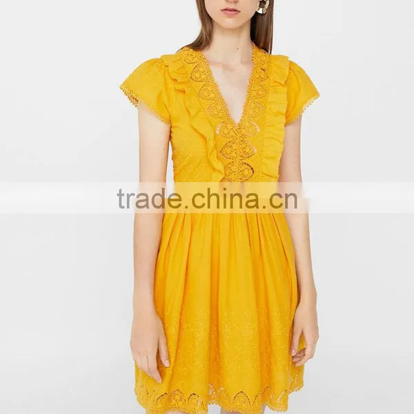 Embroidery Cutwork Cotton Dresses Ladies Crocheted Fit and Flare Short Dress photo-6