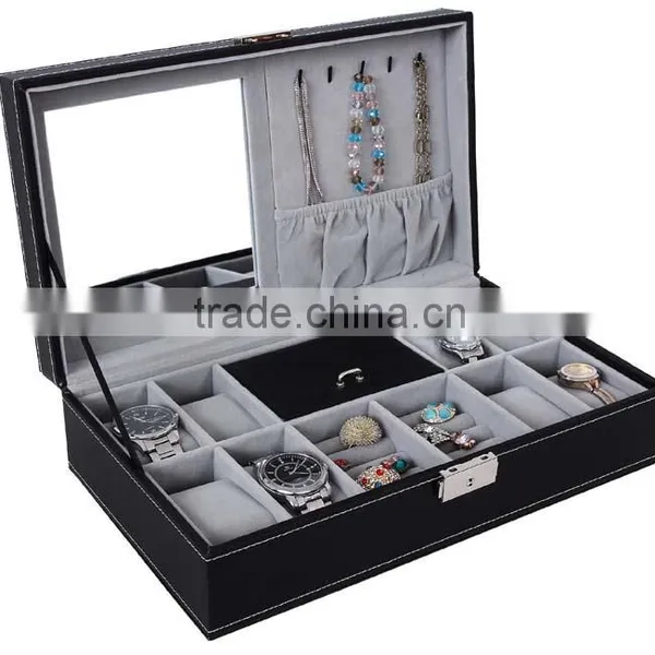 Black Leather Jewelry Box Watch Organizer Storage Case With Lock & Mirror photo-3