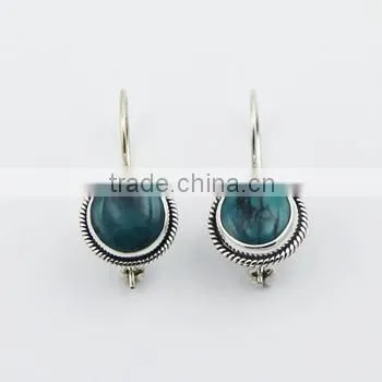 Vintage Sterling Silver Turquoise Earrings Round Gemstone Drops