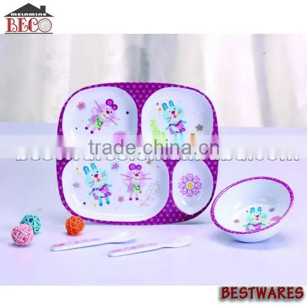 Unique Design Pink and White 4 Pcs Kids Melamine Dinnerware