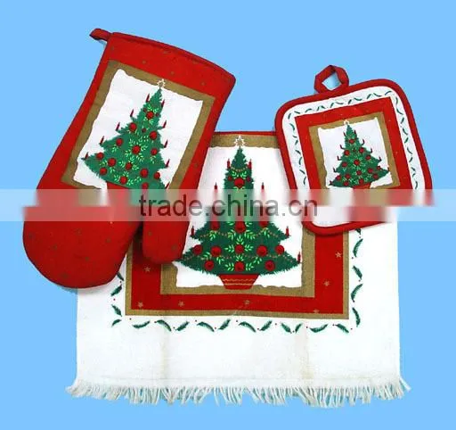 3pc Pigment Printing Towel With Fringe Cheese Holder Set Rooster Design Glove Set photo-4