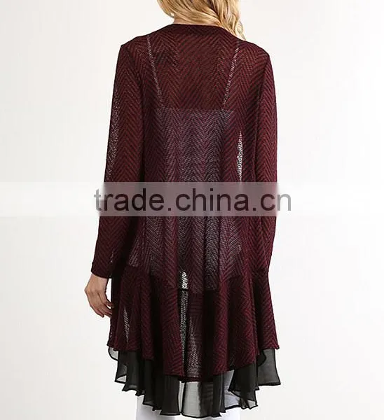 Stylish Girls Women Fashion Burgundy Layered Open Cardigan With Ruffle Hem Polyester Rayon Spandex Cardigan Wholesale photo-5
