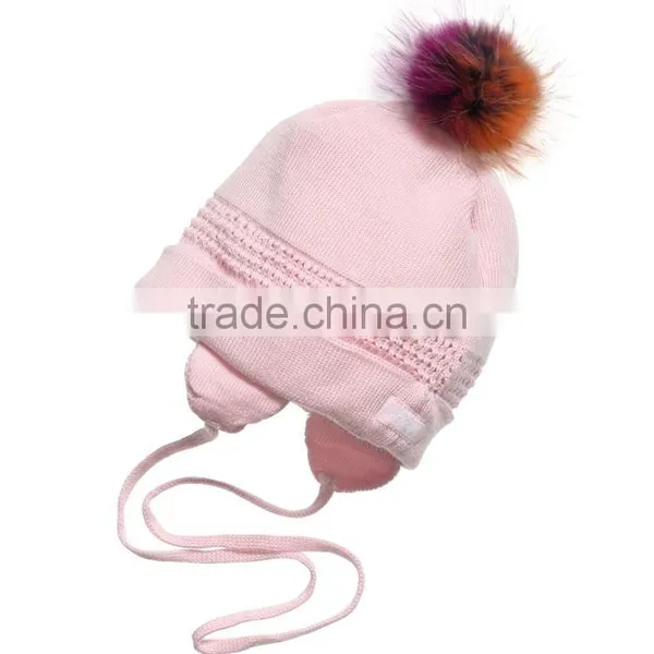 Myfur Double Deck Cotton Yarn Crochet Knitting Hat With Removable Raccoon Fur Pom Pom photo-2