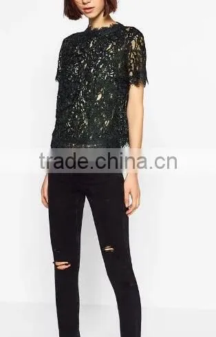 Runwaylover EY2368B Hot Sale 2017 Ladies Hollow Out Shrt Sleeve Lace T-Shirts photo-3