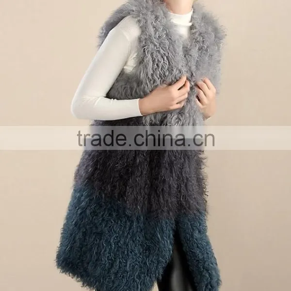 Yanran Fur Fashion YR1000 Block Color Top Quality Real Curly Lamb Hand Knit Fur Vest photo-2
