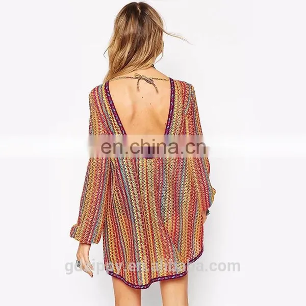 New Arrival Cut Out Back Long Sleeve Stripe Print Vintage Retro Dress photo-3
