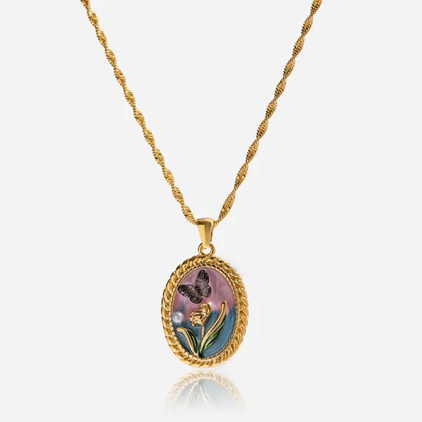 Custom Round Stainless Steel Rhinestone Charm Necklace - 18K Gold Plated photo-3