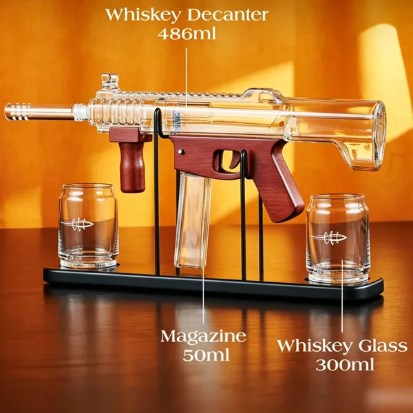 Huaqi Glass China Gun Shape Whiskey Decanter Set, Submachine Gun Liquor Bottle With Cups & Metal Rack, Wholesale Bar Drinkware photo-5
