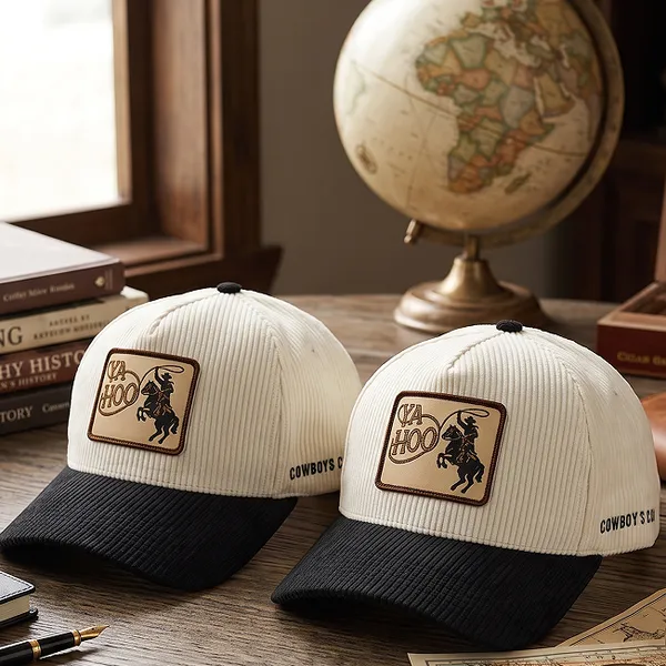 Western Cowboy Vibe YAHOO Lasso Leather Patch Cream Black Corduroy 5 Panel Hat photo-2