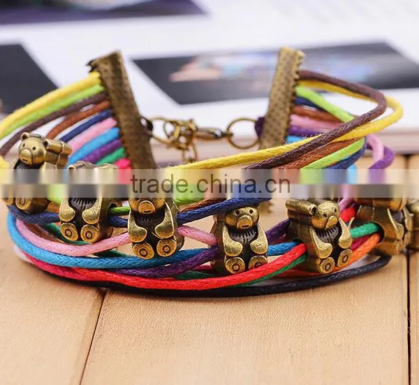 2016 Colourful Multilayer Rope Bracelet With Antique Bronze Bear Charms photo-4