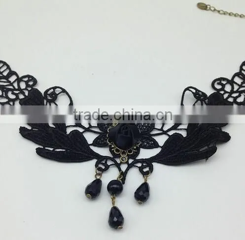 Handmade Flower Drop Pendant Black Lace Choker Necklace Goth Vintage photo-5