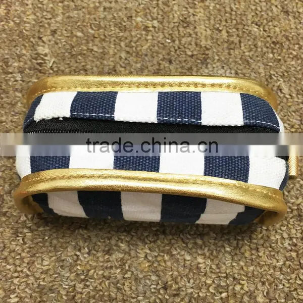 Blue Stripe Printing Cotton Canvas Zipper Pouch Make Up Clutch Bag With Gold Edge photo-2