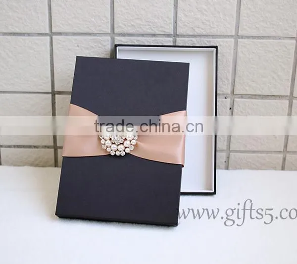 Black Color Silk Wedding Invitation Box With Crown Brooch Embellishment photo-3