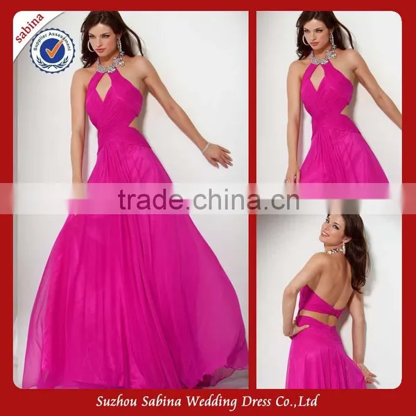 Se42 Fuchsia Halter A-Line Low Back Pleats Long Evening Dress 2014