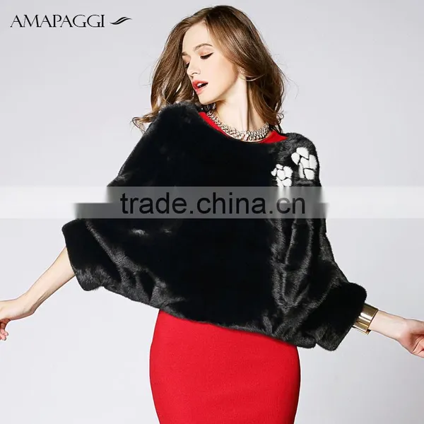 2015 Short Black Natural Mink Fur Shawl for Fashion Lady