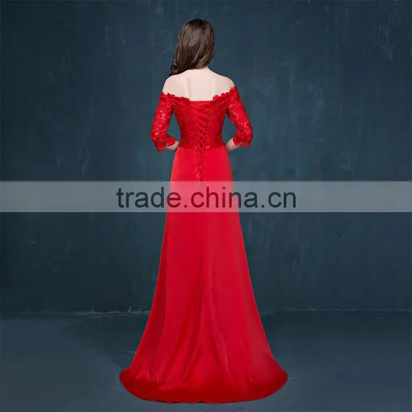 MGOO Brand Design Custom Long Dress Transparent Red Lace Long Dress Off Shoulder Applique Long Sleeves Prom Dress 2069 photo-3