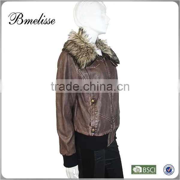2014-2015 Stylish Women's pu Jacket Fake Brown Lamp Fur pu Jacket for Lady photo-2