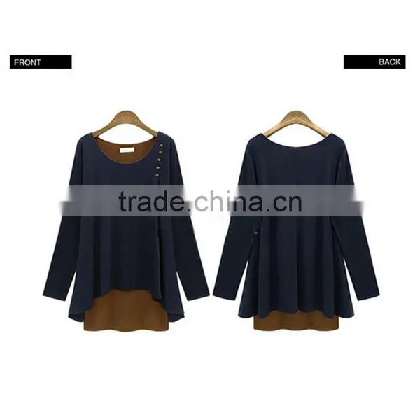 New Design Irregular Two Color Fake Two Pcs Long Sleeve Women Wear Loose T Shirt Water Fall photo-4