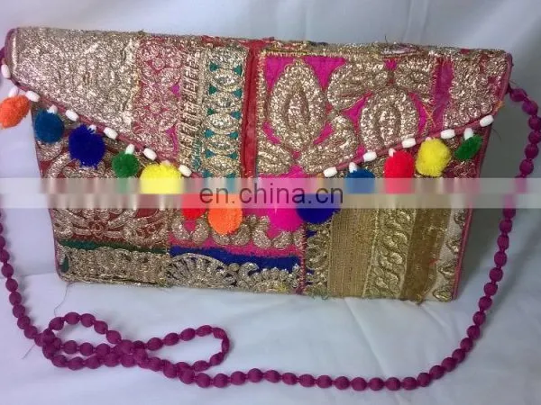 Hot Trendy Fancy Beautiful Pom Pom Zari Embroidered Stylish Banzara Gypsy Clutch Lady Clutch Bags Floral Designer Handbag Pouch photo-4