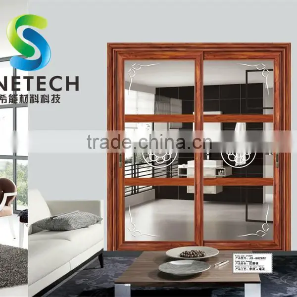Wood Frames Tempered Glass With Flower Pattern Strip for Partition Sliding Doors photo-2