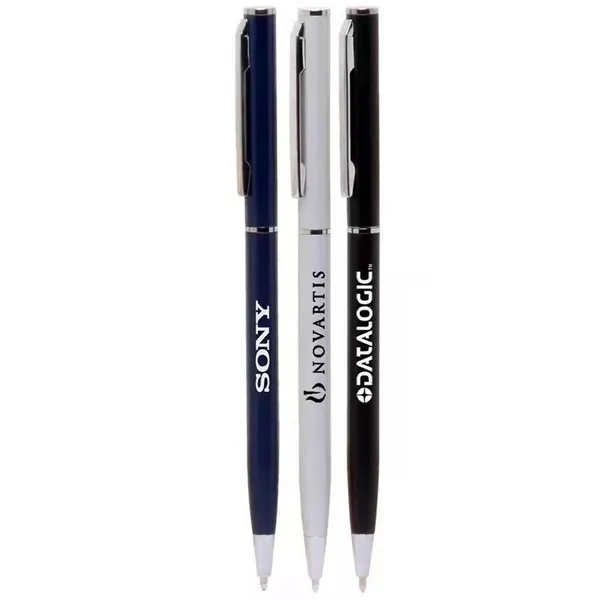 Slim Hotel Custom Pens Skinny Metal Twist Action Ballpoint Pen With Silver Accents Logo By Blue Rose Promotion