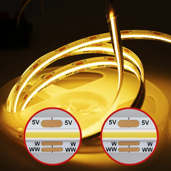 Dimmable New Dam Type FCOB CCT Linear Strip Light Natural White DC5V 320LEDs/m 320W+320WW W/WW/NW Waterproof Strip High Density photo-2