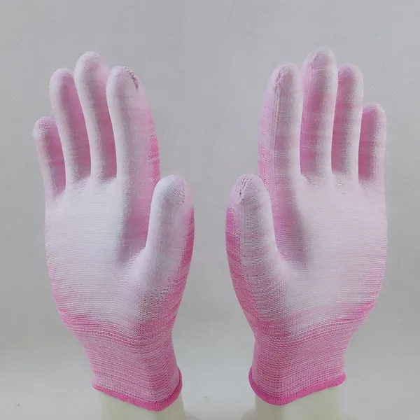 Pink and White Polyester Knitted pu Palm Coated Anti-static Safety Work Gloves photo-4