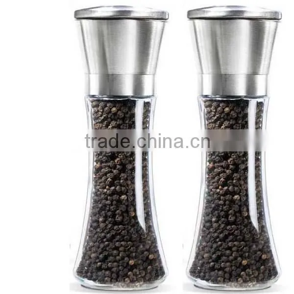 High Quality Brushed Stainless Steel Salt and Pepper Grinder Set- With Glass Bottle Salt and Pepper Shakers photo-5