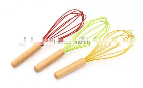 Hot Sale Colorful Silicone Whisk With Wooden Handle Silicone Kitchen Utensils for Blending, Whisking, Beating & Stirring