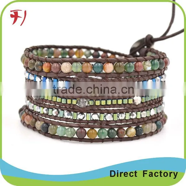 Blue Turquiose And Glow Glitterings 5 Wrap On Dark Blue Real Leather Bracelet