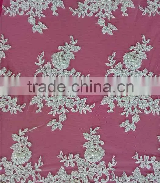 woven technics and 100% polyester,100% polyester french net lace material beaded lace fabric