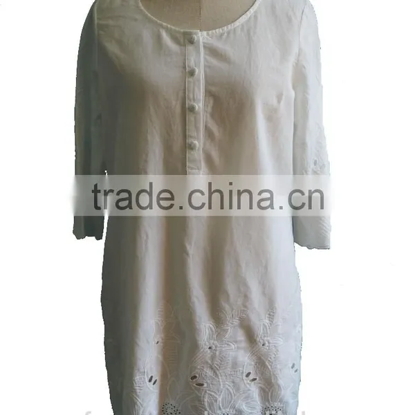 Round Collar 3/4 Sleeve With Floral Embroidery Designs Pattern Top Blouse Tunic Dress