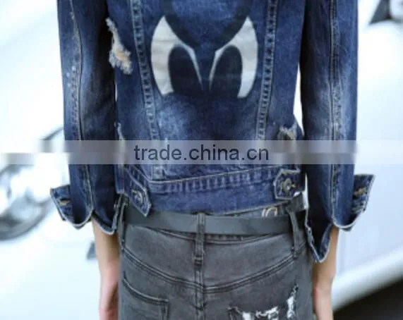 Bleach Basic Style Vintage Blue Stretch Denim Women's Jacket With Studs photo-3