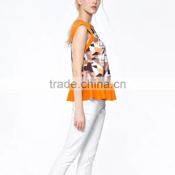 Promotional Top Quality Knitted Wear Popular Printed Ruffle Hem Model Women's Simple Blouse With Sleevless photo-5