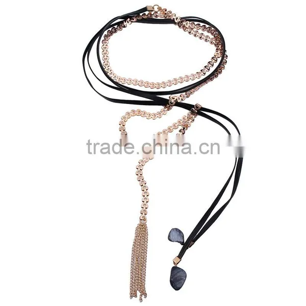Long Rose Alloy Chain With Chamois Leather Rope Necklaces Jewelry photo-4