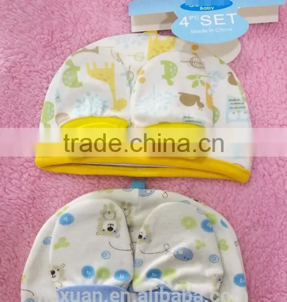 OEM or Stocked ,4pcs/set Newborn Baby Double Hat, 2 Pieces + Protective Gloves, 2 Pairs of Cotton, 4 Pcs Each Set photo-3