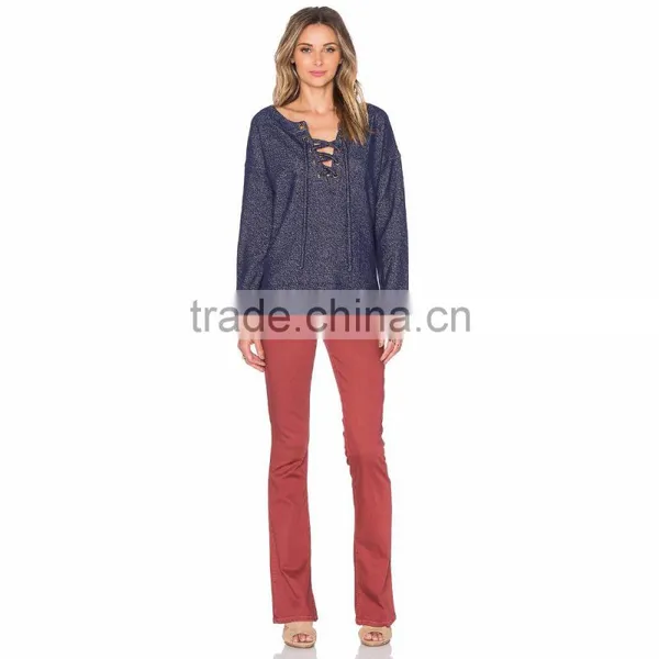 Long Sleeve Women Lace Up Fashion Jean Shirt photo-4