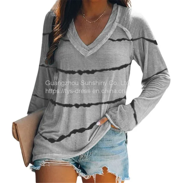 Tie-dye Stripes Printed V-neck Long-sleeved T-shirt Women photo-4