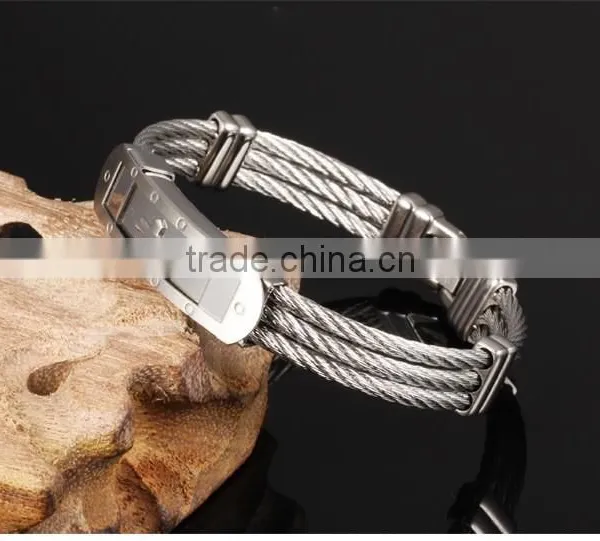 Wholesale Titanium Steel Man Bangles Three Rows Between Steel Wire Armoured Gold Bracelet With Cross photo-2