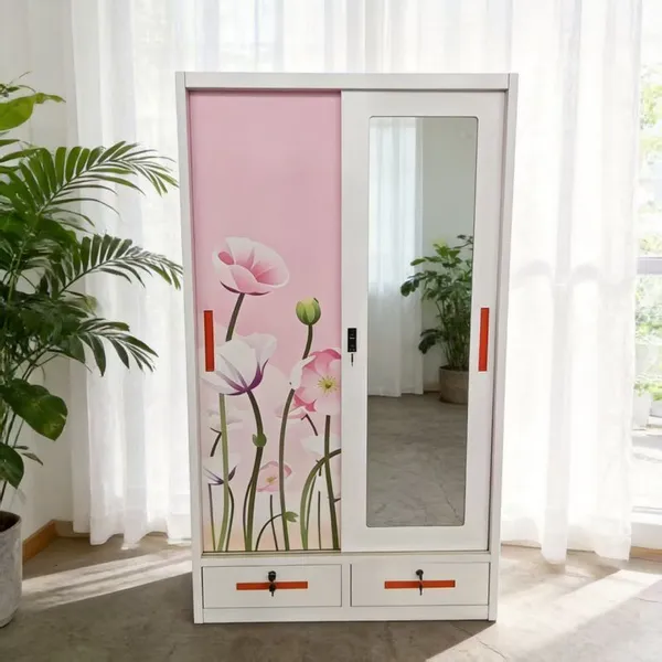  Multi‑purpose Knock‑down 3‑Door 4‑Door Steel Wardrobe Pattern Printed Finish Clothes Storage Cabinet With Mirror And Drawers Custom Color photo-4