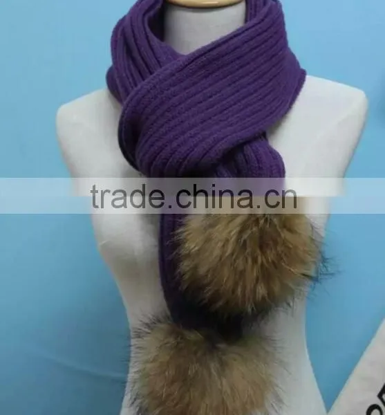 2016 Winter Newest Fashion 100% Real Raccon Fur Pompom Wool Knitted Women Crochet Scarf photo-3