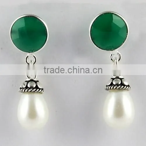 Ever Green !! Pearl & Green Onyx 925 Sterling Silver Earring, Gemstone Silver Jewelry, Handmade Silver Jewelry photo-2