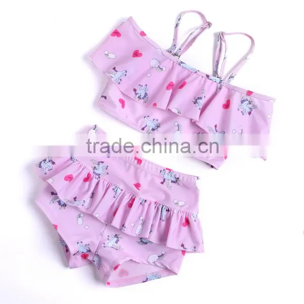 High Quality Fancy Horse Printing Girls Violet Tankinis Cartoon Bathing Suit for Kids Purple Childrentwo Piece Swimsuit